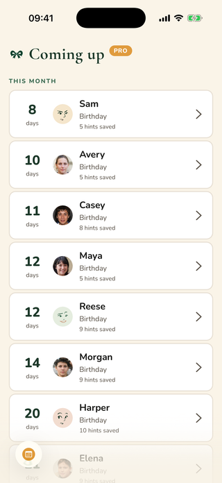 Upcoming occasions with reminders in Hint