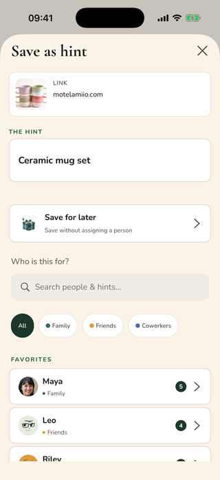 Saving a gift hint in the Hint app
